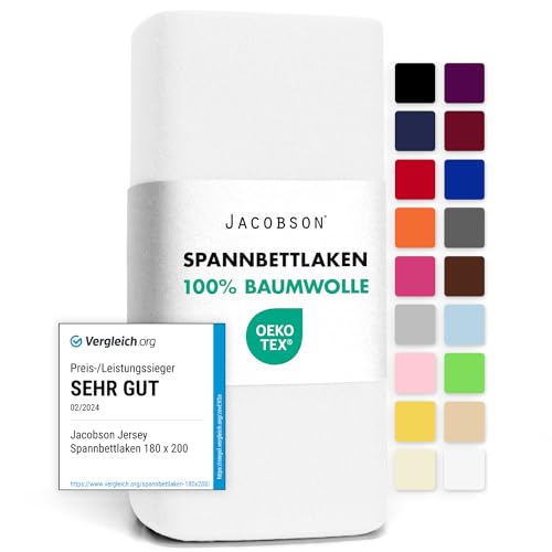 Jacobson Jersey Spannbettlaken Spannbetttuch Baumwolle Bettlaken (120x200-130x200 cm, Weiss) von JACOBSON
