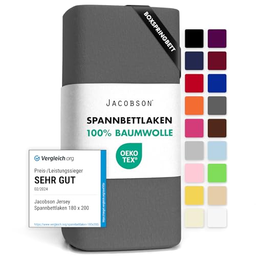 Jacobson Jersey Spannbettlaken Spannbetttuch Baumwolle Bettlaken (140x200-160x220 cm, Anthrazit) von JACOBSON