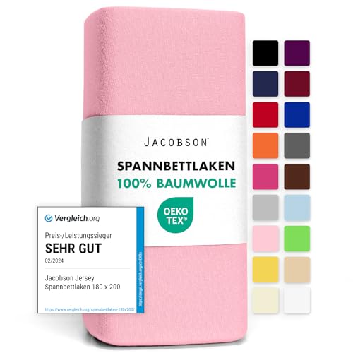 Jacobson Jersey Spannbettlaken Spannbetttuch Baumwolle Bettlaken (90x200-100x200 cm, Rosa) von JACOBSON