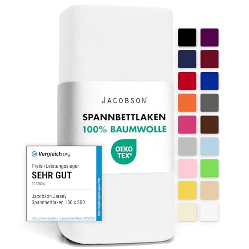 Jacobson Jersey Spannbettlaken Spannbetttuch Baumwolle Bettlaken (90x200-100x200 cm, Weiss) von JACOBSON