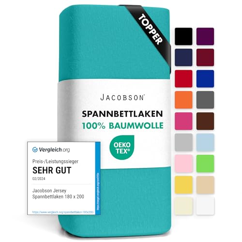 Jacobson Jersey Spannbettlaken Spannbetttuch Baumwolle Bettlaken (Topper 140-160x200 cm, Türkis) von JACOBSON