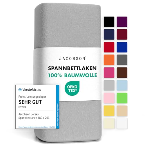 Jacobson Jersey Spannbettlaken Spannbetttuch Baumwolle Bettlaken (120x200-130x200 cm, Grau) von JACOBSON