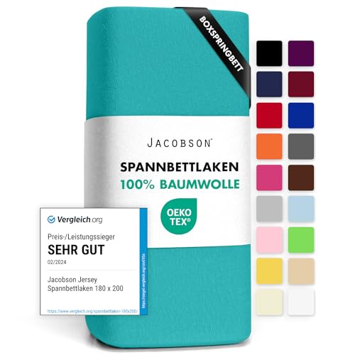 Jacobson Jersey Spannbettlaken Spannbetttuch Baumwolle Bettlaken (180x200-200x220 cm, Türkis) von JACOBSON