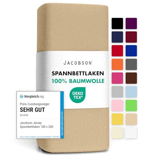 Jacobson Jersey Spannbettlaken Spannbetttuch Baumwolle Bettlaken (90x200-100x200 cm, Beige) von JACOBSON