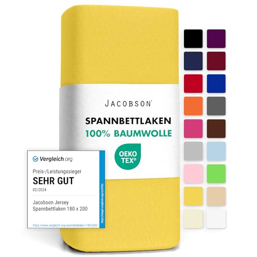 Jacobson Jersey Spannbettlaken Spannbetttuch Baumwolle Bettlaken (90x200-100x200 cm, Gelb) von JACOBSON