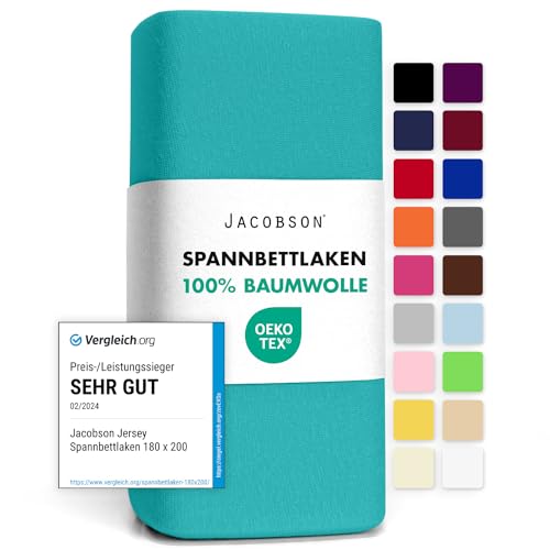 Jacobson Jersey Spannbettlaken Spannbetttuch Baumwolle Bettlaken (90x200-100x200 cm, Türkis) von JACOBSON