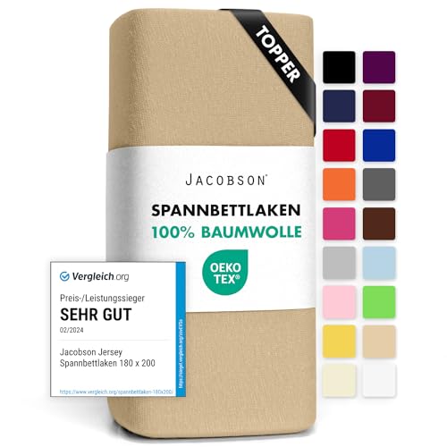 Jacobson Jersey Spannbettlaken Spannbetttuch Baumwolle Bettlaken (Topper 180-200x200 cm, Beige) von JACOBSON