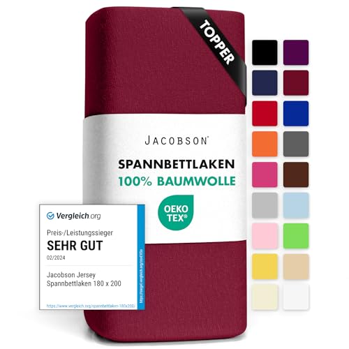 Jacobson Jersey Spannbettlaken Spannbetttuch Baumwolle Bettlaken (Topper 180-200x200 cm, Bordeaux) von JACOBSON
