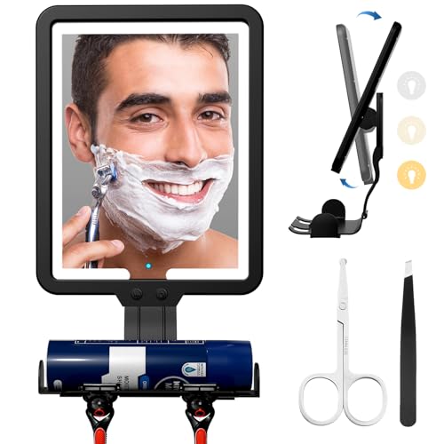 JADAZROR Beheizter Duschspiegel ohne Beschlagen zum Rasieren, Duschspiegel mit 3 Farblichtern, 24x18cm Antibeschlagspiegel mit Beleuchtung, Wandmontierter Rasierspiegel mit Rasiererhalter(Schwarz) von JADAZROR