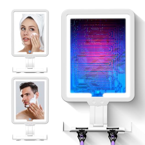 JADAZROR Beheizter Duschspiegel ohne Beschlagen zum Rasieren, Duschspiegel mit 3 Farblichtern, 24x18cm Antibeschlagspiegel mit Beleuchtung, Wandmontierter Rasierspiegel mit Rasiererhalter(Weiß) von JADAZROR