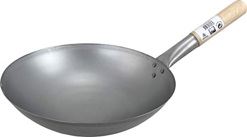 JADE TEMPLE Wok aus Carbonstahl mit 30 cm Durchmesser, mit rundem Holzgriff, Grau von JADE TEMPLE