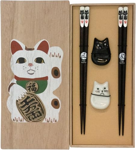JADE TEMPLE Essstäbchenset mit Katze Bänkchen in Holzbox - 1 Set von JADE TEMPLE