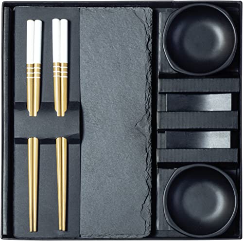 JADE TEMPLE Sushi Set für zwei Personen - Schieferplatte, Schüssel, Bank, Essstäbchen, Schwarz von JADE TEMPLE