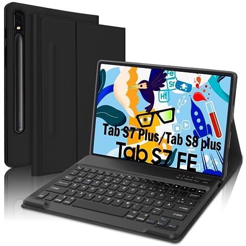 JADEMALL Galaxy Tab S7 FE Tastatur Hülle - mit Stifthalter für Samsung Galaxy Tab S8 Plus/S7 Fe/S7 Plus 12,4 Zoll, Wireless Bluetooth Tastatur QWERTZ Deutsch von JADEMALL