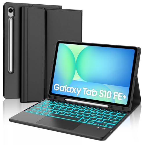 JADEMALL Hülle mit Tastatur für Samsung Galaxy Tab S10 FE Plus 13.1 Zoll 2025, Beleuchtung Tastatur mit Trackpad für Galaxy Tab S10 FE Plus Tablet Magnetisch Abnehmbarer mit QWERTZ Layout, Schwarz von JADEMALL