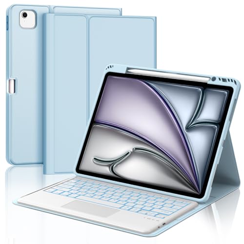 JADEMALL Tastatur iPad AIR 13 m2 - Kabellose Tastatur für iPad AIR 13 m2 2024/Air 13 m3 2025,Schutzhülle mit Pencil Halter (Himmelblau, 13" - Beleuchtung & Touchpad) von JADEMALL