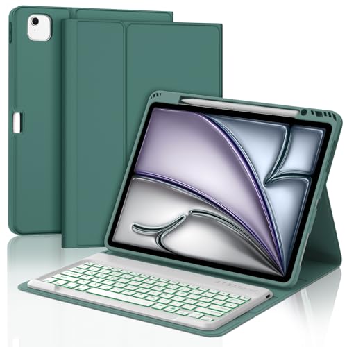 JADEMALL Tastatur iPad AIR 13 m2 - Kabellose Tastatur für iPad AIR 13 m2 2024/Air 13 m3 2025,Schutzhülle mit Pencil Halter (dunkelgrün, 13" - Beleuchtung) von JADEMALL