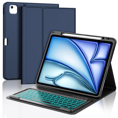 JADEMALL Tastatur iPad AIR 13 m2 - Kabellose Tastatur für iPad AIR 13 m2 2024/Air 13 m3 2025,Schutzhülle mit Pencil Halter (dunkelblau, 13" - Beleuchtung) von JADEMALL