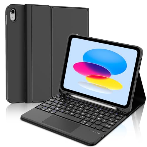 JADEMALL iPad 11 Generation A16 Tastatur, Beleuchtete Tastatur Hülle Kompatibel mit für iPad 10.9 2022/2025, Magnetische Kabelloser Bluetooth (Schwarz, 10,9" - Touchpad) von JADEMALL