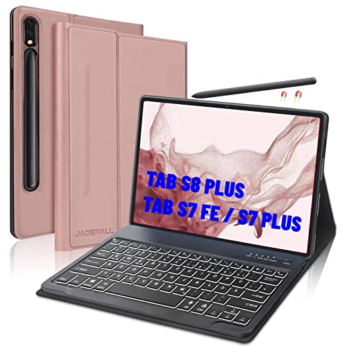 JADEMALL Tastatur Hülle für Samsung Galaxy Tab S8 Plus/S7 Fe/S7 Plus 12,4 Zoll 2021, Magnetisch QWERTZ Deutsch Beleuchtete Bluetooth Tastatur mit Hülle für Samsung Tab S7 Plus/Tab S7 FE (Roségold) von JADEMALL