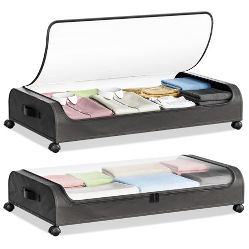 JAECU 2 Stück 50L Unterbettkommode mit Rollen, Faltbare Unterbett-Aufbewahrungstasche Kleideraufbewahrung mit Klarem Fenster, Decken Organisator Lagerbehälter von JAECU