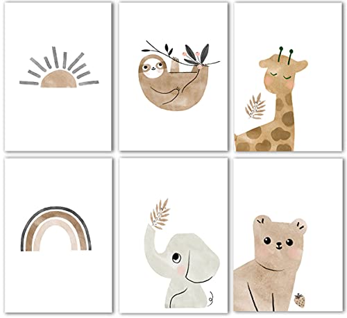 JAHEMU Bilder Kinderzimmer Babyzimmer Waldtiere Deko Grau Poster Set Tiere Premium Poster für Kinder Junge Mädchen, 6 Stücke von JAHEMU