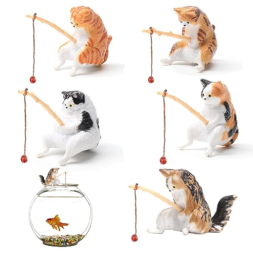 JAHEMU Mini Angeln Katze Figur Harz Gartenfiguren Aquarium Dekoration für Terrasse Rasen Hof Balkon 5 Stück von JAHEMU