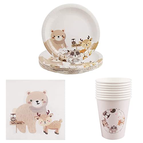 JAHEMU Partygeschirr Tier Geburtstag Dekoration Waldtiere Geschirrset Tiere Pappteller Tassen Servietten Kindergeburtstag Partyzubehör für Jungle Party, 36 PCS von JAHEMU