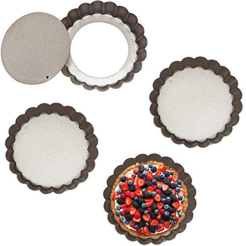 JAHEMU Tarteform mit Hebeboden Backform Non-Sticks Rund Quiche Tart Pfanne Kohlenstoffstahl Quicheformen für Kuchen, Pizza, Käsekuchen, Eierkuchen, 4 Stück (10 cm x 2 cm) von JAHEMU