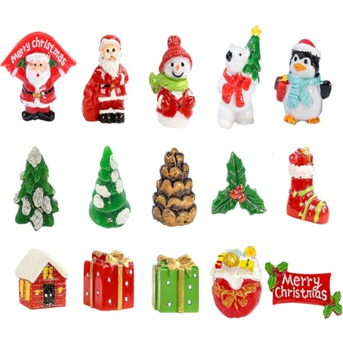 JAHEMU Weihnachten Mini Figuren Weihnachtsmann Weihnachtsbaum Schneemann Miniatur Ornamente für Weihnachten Party Dekorationen,Tortendeko, DIY Garten,Bonsai,Tisch,15 Stück von JAHEMU