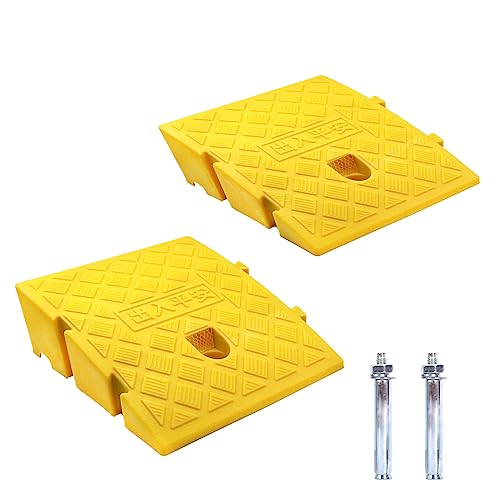 Bordsteinrampen, Aus Robustem Kunststoff, 2 Stück Tragbar Rampe Rollstuhl Türschwellenrampe für Auffahrt, Gehweg, Motorrad, Roller, Autos, mit 2 Erweiterungsbolzen(Gelb -27 x 25 x 7cm) von JAHOMFAI