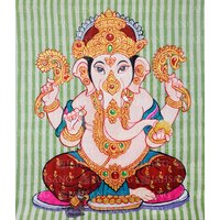 Original Acrylgemälde Ganesha, Meister Des Schicksals, Feng Shui, Handgemalt Auf Handgewebter Bananenseide, Jahsang, 32 X 37 cm von JAHSANG