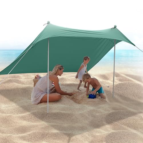 JAICOM Strandzelt, 2.1x2.1m Strandmuschel, UPF50+ UV-Schutz und Wasserdicht Sonnensegel, Mit Aluminiumstange, Sandschaufel, Heringen,Geeignet für Strand Schatten, Camping, Garten Verwenden von JAICOM