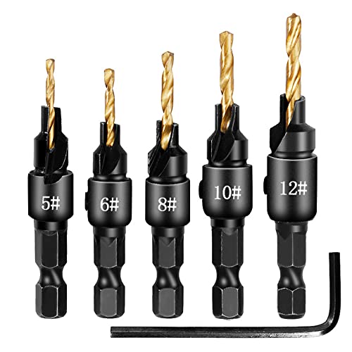 4/5pc HSS Woodworking Countersink Drill Bits Set 1/4 Quick Change Hex Shank Screw Carpentry Reamer Chamfer Mill Wood Hole Opener,5 Stück Gold von JAINGU