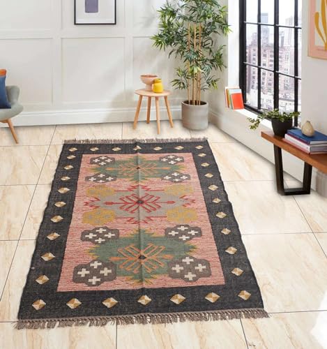 JAIPUR KILIM RUGS Area Woll-Jute-Teppich, waschbar, 2,7 x 3,6 m, für kinder- und haustierfreundlicher Indoor-Teppich für Wohn-, Ess- oder Schlafzimmer, für unter dem Tisch, faltbar, rutschfest von JAIPUR KILIM RUGS