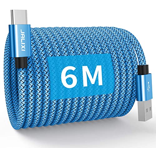 JALIXI USB C Kabel 6M, 15W Extra Lang USB Typ C Ladekabel Nylon für iPhone 16/15, Samsung Galaxy Tab A8 A7, S24 S23 A55 A35 A25 A15, PS5 Controller, Xbox Series X/S, Überwachung, Blau von JALIXI