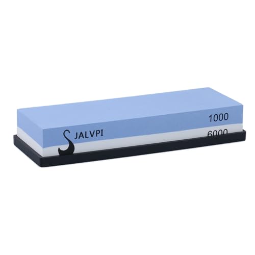 JALVPI Schleifstein, Körnung 1000/6000 Abziehstein Wetzstein Professionell 2-IN-1 Doppelseitiger Messerschärfer mit Rutschfestem Silikonhalter-Halter für Messer (Blau&Weiß) von JALVPI