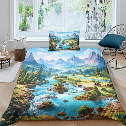 JALYKA Seen und schneebedeckte Berge 3D Gedruckt Bettwäsche 2 Teilig Ettbezüge Mit Kissenbezügen Soft Microfaser Luxus Modern Mit Reißverschluss Für Erwachsene Und Kinder Single（135x200cm） von JALYKA