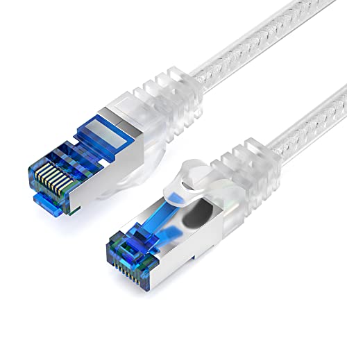 JAMEGA - 5m CAT 7 Netzwerkkabel Gigabit Ethernet Lan Kabel in transparent | 10000 Mbit s | Patchkabel Cat.7 Rohkabel S FTP PIMF Schirmung mit RJ45 Stecker | Switch Router Modem Access Point von JAMEGA