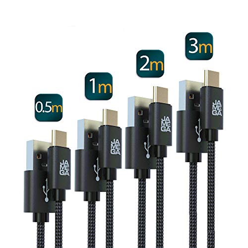 JAMEGA – USB Typ C Kabel Schwarz 4er Pack (0,5m 1m 2m 3m) | 3A USB C Ladekabel und Datenkabel Fast Charge Snyc schnellladekabel kompatibel mit Samsung Galaxy S10/S9, Huawei P30/P20 von JAMEGA