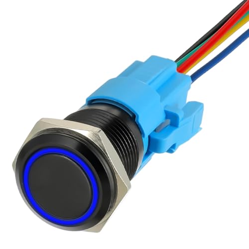 JAMHER Selbstsichernder Druckknopfschalter, 19 mm, 12 V Gleichstrom, 1NO1NC, SPDT-Schalter mit Ring, LED-Licht, wasserdicht, Ein-/Aus-Schalter für 1,9 cm Befestigungsloch mit Drahtbuchsenstecker (blau von JAMHER