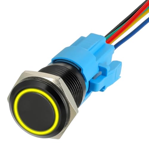 JAMHER Selbstsichernder Druckknopfschalter, 19 mm, 12 V Gleichstrom, 1NO1NC, SPDT-Schalter mit Ring, LED-Licht, wasserdicht, Ein-/Aus-Schalter für 1,9 cm Befestigungsloch mit Drahtbuchsenstecker (gelb von JAMHER