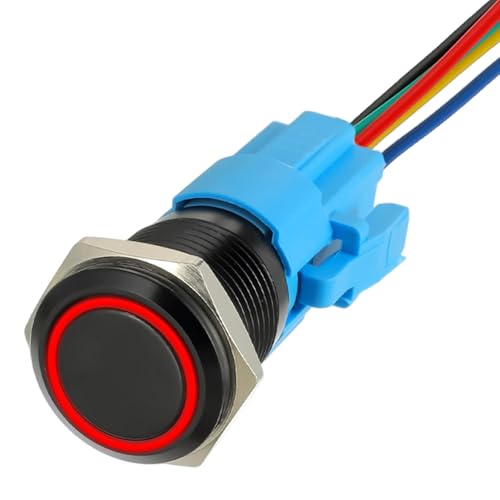 JAMHER Selbstsichernder Druckknopfschalter, 19 mm, 12 V Gleichstrom, 1NO1NC, SPDT-Schalter mit Ring, LED-Licht, wasserdicht, Ein-/Aus-Schalter für 1,9 cm Befestigungsloch mit Drahtbuchsenstecker (rot) von JAMHER