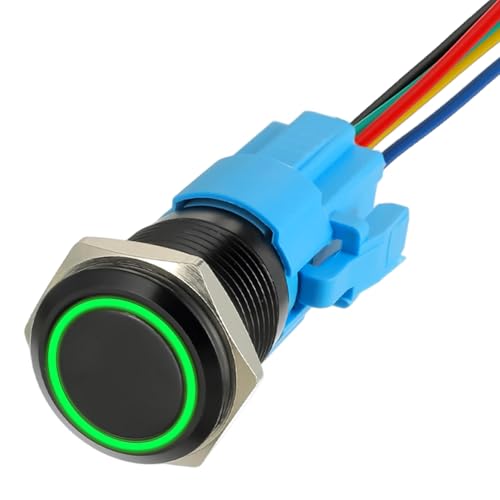 JAMHER Selbstsichernder Druckknopfschalter, 19 mm, 12 V Gleichstrom, 1NO1NC, SPDT-Schalter mit Ring, LED-Licht, wasserdicht, Ein-/Aus-Schalter für 1,9 cm Befestigungsloch mit Drahtbuchsenstecker (grün von JAMHER