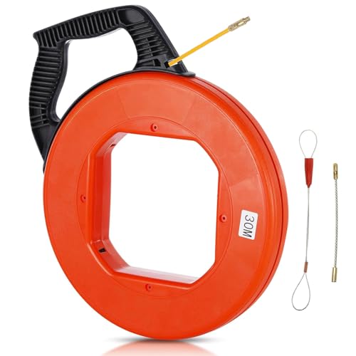 JAMHEXOU Kabeleinziehhilfe 30M, 4mm Einziehspirale 30m Flexible Einziehfeder, Polyester Zugdraht für Leerrohre Fish Tape Einziehhilfe Kabelziehhilfe Für Kabel Mit 1 Führungsfedern von JAMHEXOU