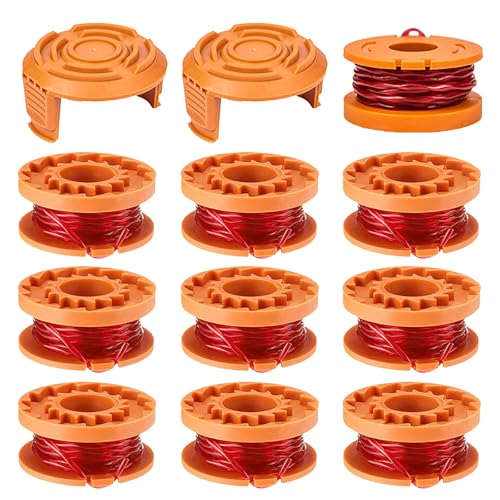 JAMSSOW 10 Stück Ersatzspule Rasentrimmer Spule Kompatibel Mit Worx WA0010 WA0004,Trimmer Fadenspule für Worx WG151 WG154 WG155 WG160 WG163 WG175 WG180,Ersatzspule Kappe WA6531(10 Spule+2 Kappe) von JAMSSOW
