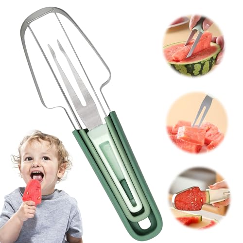 JAMSSOW Melonenschneider,3-in-1 Wassermelonen Schneider,2024 Edelstahl Melonenschneider mit Melonenausstecher und Obstgabeln,tEdelstahl Melonenmesser für Zuhause, Party, Camping(Grün) von JAMSSOW