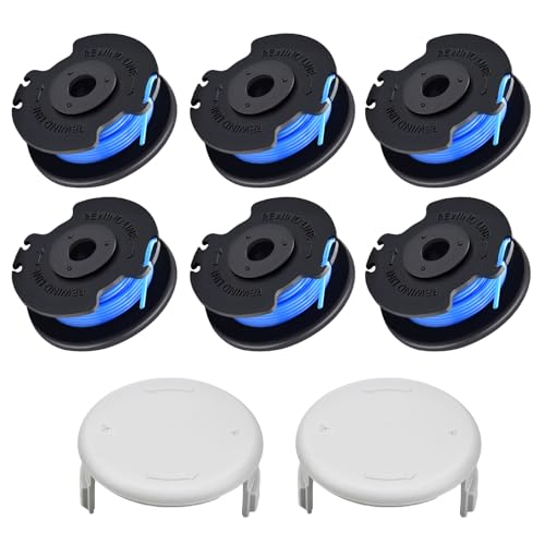 JAMSSOW 6 Stück Ersatzspule Rasentrimmer Spule Kompatibel Mit AC14RL3A,Trimmer Fadenspule für Ryobi One+ 18V 24V 40V,Ersatzspule Kappe AC14HCA,Ø1,65mm Länge 3,4m(6 Spule+2 Kappe) von JAMSSOW