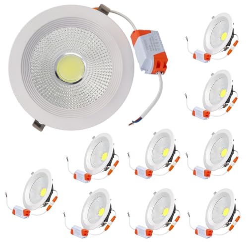 JANDEI – 15W Einbau-COB-LED-Downlight (entspricht 100W), runder Fokus mit weißem Rahmen, 165x50mm (130mm Aussparung), 1350 Lumen, IP44, ideal Badezimmer und Küche – 10 Einheiten (Kaltlicht 6000K) von JANDEI