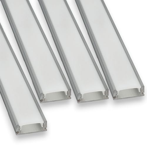 JANDEI – Packung 4 x 1 Meter langen Aluminiumprofilen für die Installation von LED-Streifen auf der Oberfläche, Kanal für LED-Leuchten mit halbtransparentem Diffusor. Abdeckungen und Montageclips von JANDEI